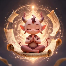 a tiny cute demon floating while meditating and wrapped in sacred scrolls, smooth, intricate, elegant, digital painting, artstation, power runes, pulsing energy, concept art, sharp focus, octane render, illustration, art by josan gonzalez, overwatch character,