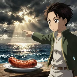 eren jaeger pointing at a sausage over the sea