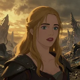 Elle Fanning in the painted world of Dark Souls, head and shoulders masterpiece, apocalypse, golden hour, cosmic horror, artstation, in the style of 1990s Disney cel shading, extremely detailed