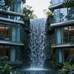 outdoor design, a small waterfall between two glass residentials, waterfall in the top of the residentials, no rocks, no plant, cinematic lighting, smooth, high details, futurist, realistic