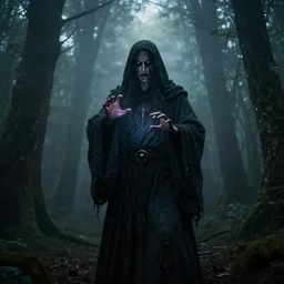 photo of a mystical figure make magic in occult robes in a dark misty forest, god rays, highly detailed, horror, epic