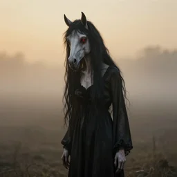 photo of an emaciated, skinny human like creature with the head of a demonic horse, it has albino skin, long shiny black hair and red glowing eyes, it is wearing a long black silk nightgown, moody, foggy and atmospheric, golden hour, soft focus, horror