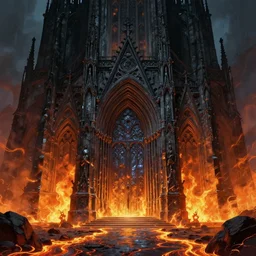 an obsidian gothic cathedral with a giant obsidian door, in the elemental plane of fire, with rivers of lava surrounding it, Dungeon and Dragon illustration, painted by Greg Rutkowski, 4k, trending on ArtStation