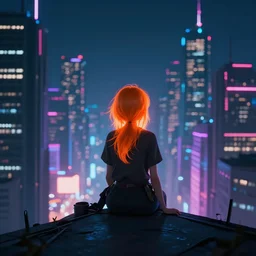 a cinematic frame of a girl from the back, she has glowing orange hair, she is sitting alone on the edge of a skyscraper, looking at the cyberpunk city skyline at night, lit by bright neon futuristic lights, hyperdetailed, 8 k, artstation, matte painting