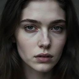 beautiful scottish woman's face, dark hair, pale skin, vulnerable, photorealistic