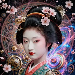 a headshot of a geisha offset in the frame, surrounded by fractals, mandalas, cherry blossoms, hadron collider technology, metal gears, swirling bioluminescent energy, art by peter mohrbacher and dan mumford, 8 k octane render, hyperrealistic, zbrush, cinema 4 d
