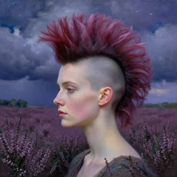 closeup, giant flower head mohawk, a woman in heather field, surreal photography, starlight, storm clouds, impressionist painting, digital painting, artstation, simon stalenhag