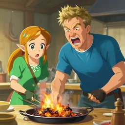 gordon ramsey yelling screaming at link with a shocked expression from zelda for cooking burnt food in the style of breath of the wild, artstation, krenz cushart, makoto shinkai