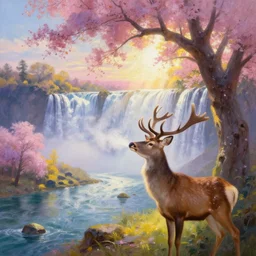 the most beautiful panoramic landscape, oil painting, where a giant dreamy waterfall creates a river, the trees around are starting to bloom in pink, purple and yellow colors, a majestic deer is in close - up and it is under a giant tree while it is exhaling steam, the ray lights of the sunrise are brightening him, by greg rutkowski