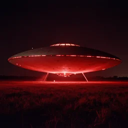 A giant oval UFO looming over a field at night bathing the landscape in a deep red glow, unsettling atmosphere, 1950 photo