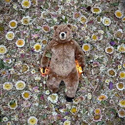man in a bear suit on fire in a pile of flowers