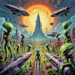 lsd trippy comic book retro scifi alien invasion, trippy, aliens, scifi creatures, spaceships, highly detailed, busy, imaginative, photorealistic pulp art