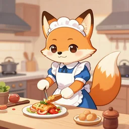 a cute anthropomorphic fox girl maid preparing dinner in the kitchen. league of legends splash art