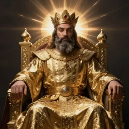 A king with a beard sitting on his throne, realistic, detailed
