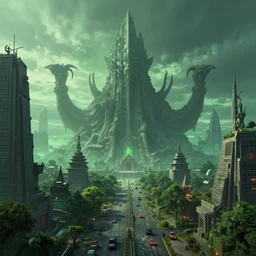 cinematic artwork of a beautiful modern lovecraftian city with a huge temple of cthulhu in the center, cars, trees, green ambient light, dusk, trending artstation