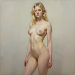 a character concept of a posed petite blonde woman, great body, oil painting, pale colors, high detail, 8 k, wide angle, trending on artstation,