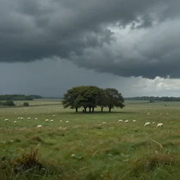 artwork of the cinematic view of a landscape of normandy by rene magritte, de - noise, stormy weather, couple of groves, sheep pasture, landscape view, depth of field, trending on artstation, background, nature