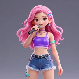 3d model of a girl avatar singer with pink float hair, rtx, rave party outfit