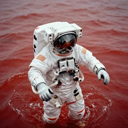 an astronaut emerging from an ocean of red water, cinematic composition, 35mm, photography, High definition, 8k, depth of field, photorealistic, epic