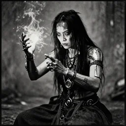 grunge distresses vintage bw photo of a cyberpunk cyborg shaman doing magic