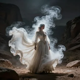 1 9 7 0's artistic spaghetti western movie, a woman in a giant billowy wide flowing waving dress made out of white smoke, standing inside a dark western rocky scenic landscape, volumetric lighting, ray traced lighting