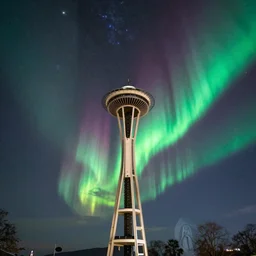 intense vivid aurora above space needle centered big sky milky way film long exposure fuji wide angle national geographic faint virgin mary portrait