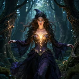 portrait of forest witch, beautiful, attractive, glowing, jaw dropping, magical, dynamic lighting, dark, mystical, 4 k, octane render, age 2 0, background enchanted forest, intricate and ornate