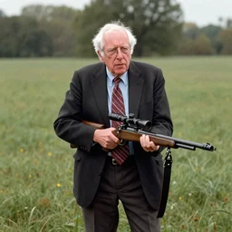 historical photograph of bernie sanders on a grassy knoll holding a sniper rifle