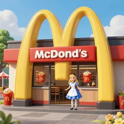 the first mc donalds opening in alice in wonderland, 4k, digital art, high detail, fantasy