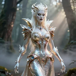 beauteous sumptuous gothic vampire queen, white pearlescent, chrome, iridescent titanium, crystal, liquid gold, copper, bronze, by lvictoria frances, cinematic forest lighting, crystalline masterpiece incrustations, hyperdetailed metalwork, in volumetric soft glowing mist, elegant pose, movie still, octane render, unreal engine, crepuscular rays,
