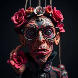 award winning photo of hand made puppet of todd solondz, voodoo, intricate baroque style, glasses, clear todd solondz face,, floral, evil cult, mysticism, vivid colors, fun and joyful, red and purple black, symmetrical face, beautiful eyes, studio lighting, wide shot art by sally mann & arnold newman