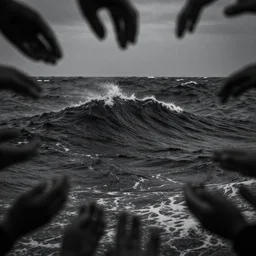 dark ocean, towering waves, black, grey - scale, highly turbulent, deep focus, - sky, elevation view, hidden hands!!! and faces!!!