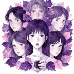 portrait, nightmare anomalies, leaves with coffee by miyazaki, violet and pink and white palette, illustration, kenneth blom, mental alchemy, james jean, pablo amaringo, naudline pierre, contemporary art, hyper detailed