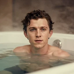 photographic portrait by Andy Gotts of Tom Holland in a hot tub, closeup, foggy, sepia, moody, dream-like, sigma 85mm f/1.4, 15mm, 35mm, 4k, high resolution, 4k, 8k, hd, full color