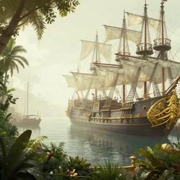 a retrowave aesthetic style artwork of a pirate harbour, pirate ship, hazy, volumetric lighting, lush flora, very detailed, serene, gold accents, washed out colors, beautiful artwork, master level composition, raytracing