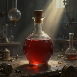 a steampunk painting of a vintage red brown poison potion bottle, lit by a single ray of sunlight in a dark dusty vintage science lab, by h. r. giger, hyperrealistic fantasy art, concept matte, ethereal, dreamy, digital art, trending on artstation, volumetric cinematic lighting