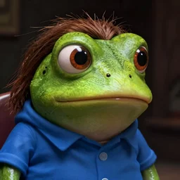 a sad frog with brown hair and a blue shirt, staring at the camera, with big eyes, in the style of roger dean, 8 k, dramatic angle