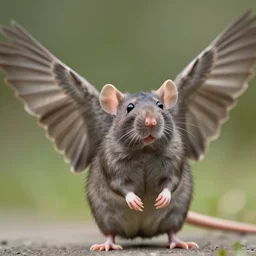 closeup photo, zeiss 3 5 mm photography standing majestic rat, spread sparrow wings, wildlife photography