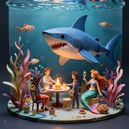 paper craft diorama of an underwater party with a king shark and a mermaid