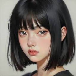 A close-up portrait of a beautiful anime girl by Huke, shoulder length straight black hair with bob cut, dark eyes, freckles, concept art, oil on canvas, trending on artstation