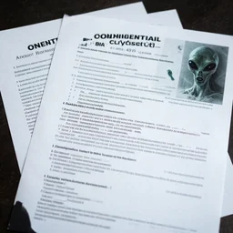 photograph of confidential documents with some terrifying information, alien, 4k, HDR