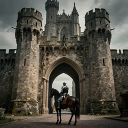 knight on his horse stranding infront of a huge medieval castle gate, gothic, brutalist architecture, dramatic lighting, cinematic, establishing shot, extremly high detail, foto realistic, cinematic lighting, post processed, concept art, artstation, matte painting, style by eddie mendoza, raphael lacoste, alex ross