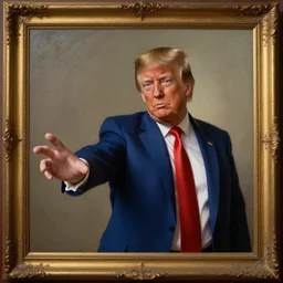 a portrait of donald trump who is reaching his arm out of the painting beyond the frame, surrealistic, supernatural