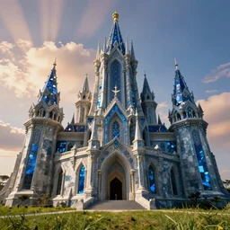an imposing and ornamented fantasy castle, carved from sapphire stone, cinematic view, epic sky, detailed, concept art, low angle, high detail, warm lighting, volumetric, godrays, vivid, beautiful, trending on artstation, by jordan grimmer, huge scene, grass, art greg rutkowski