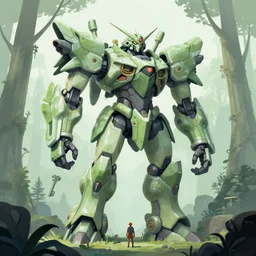 giant humanoid plant mecha, forest, key art, sharp lines, towering above a small person, aesthetic, anime, trigger, shigeto koyama, hiroyuki imaishi