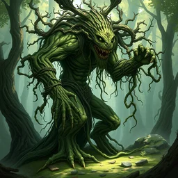 anthropomorphic tangle of vines and plant matter. this fantasy creature guards the woods from unwary travelers. similar to a treant or forest spirit. by rebecca guay, by terese nielsen, by aaron miller, by kieran yanner. trending on artstation. 4 k resolution.