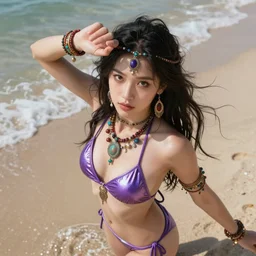 masterpiece portrait of a beautiful stunning girl with boho accessories, in violet reflective bikini, dreamlike beach, fantasy character portrait, dynamic pose, above view, top lighting, art by charlie bowater and wenjun lin and starember and gil elvgren, ilya kuvshinov, cryengine, lumion render, 8 k realistic, hyper detailed, digital painting, artstation, concept art, realistic shaded, perfect face