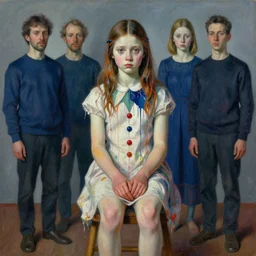 portrait of a nervous young girl harlequin sitting on a stool, by vincent lefevre and hernan bas and pat steir and hilma af klint, psychological, photorealistic, symmetrical face, dripping paint, washy brush, threads, rendered in octane, altermodern, masterpiece