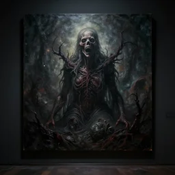 A dark room with a single painting depicting the horrors of the apocalypse, trending on arstation cgsociety, 8k, masterpiece, cinematic lighting, existential horror, concept art.