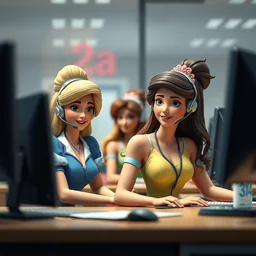 disney princesses working at a call center, sharp focus, photography, unreal engine, trending on artstation, photorealistic, octane, trending on deviantart